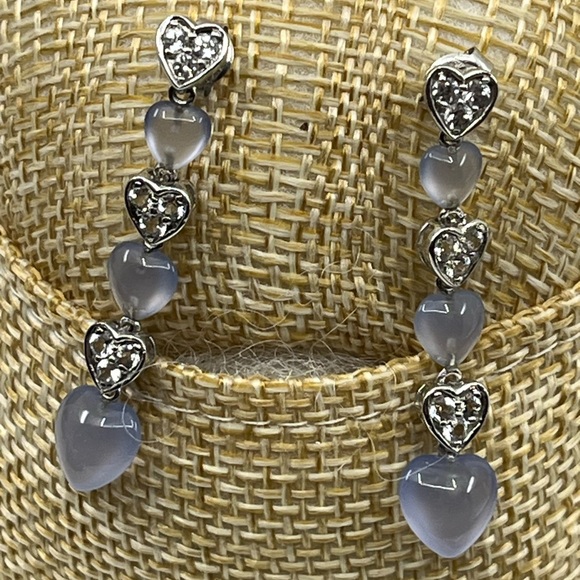 Vintage 10K White Gold Blue Chalcedony and White Topaz Heart Drop Earrings 1999 - Picture 6 of 13